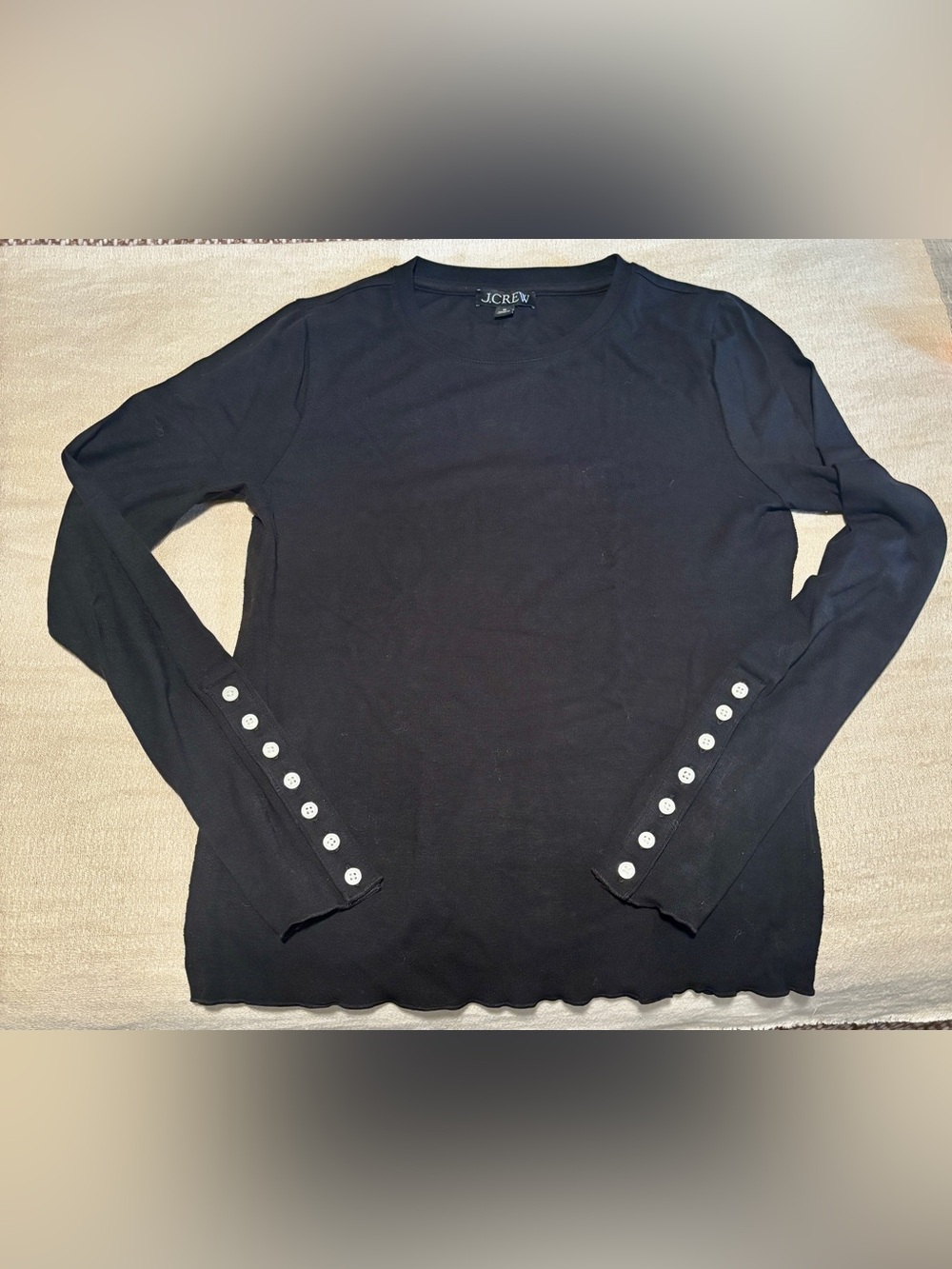 J. Crew Black Crewneck Shirt with Button-Cuff Detail-size M
